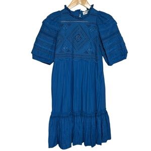 Sea NY Talitha Embroidered Cotton Dress XS Puff Sleeve Boho Blue Designer $450